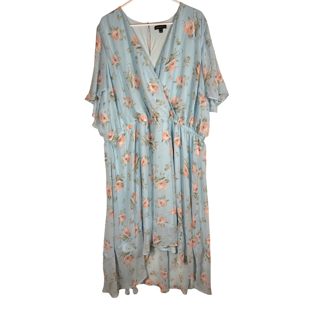 Lane Bryant Floral High-Low Maxi Dress 28 Light Blue Peach‎ Rose Flutter Sleeve
